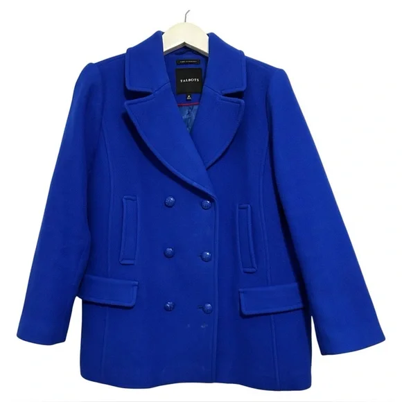 Talbots Pea Coat Italian Woven Wool Lined Double Breasted Size 20 Royal Blue - Picture 1 of 15